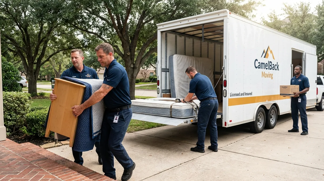 Crew loading residential truck for cross-state move from Payson, IL