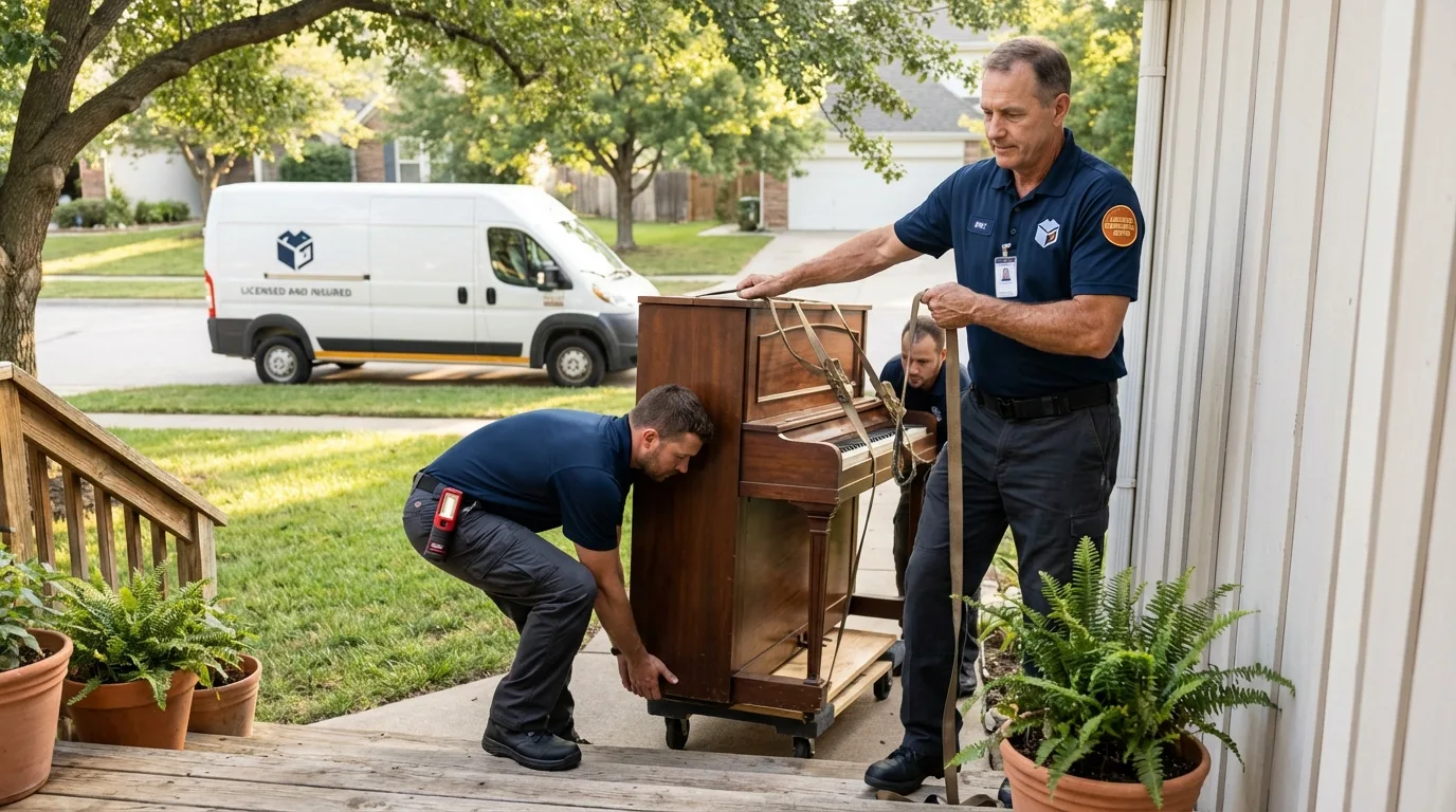 Licensed piano movers securing grand piano in Payson, IL